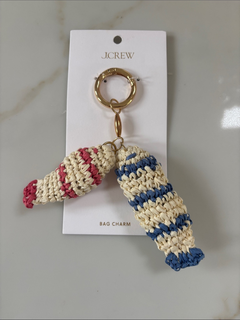 J. Crew Raffia Striped Bag Charm in Cream, Pink & Blue